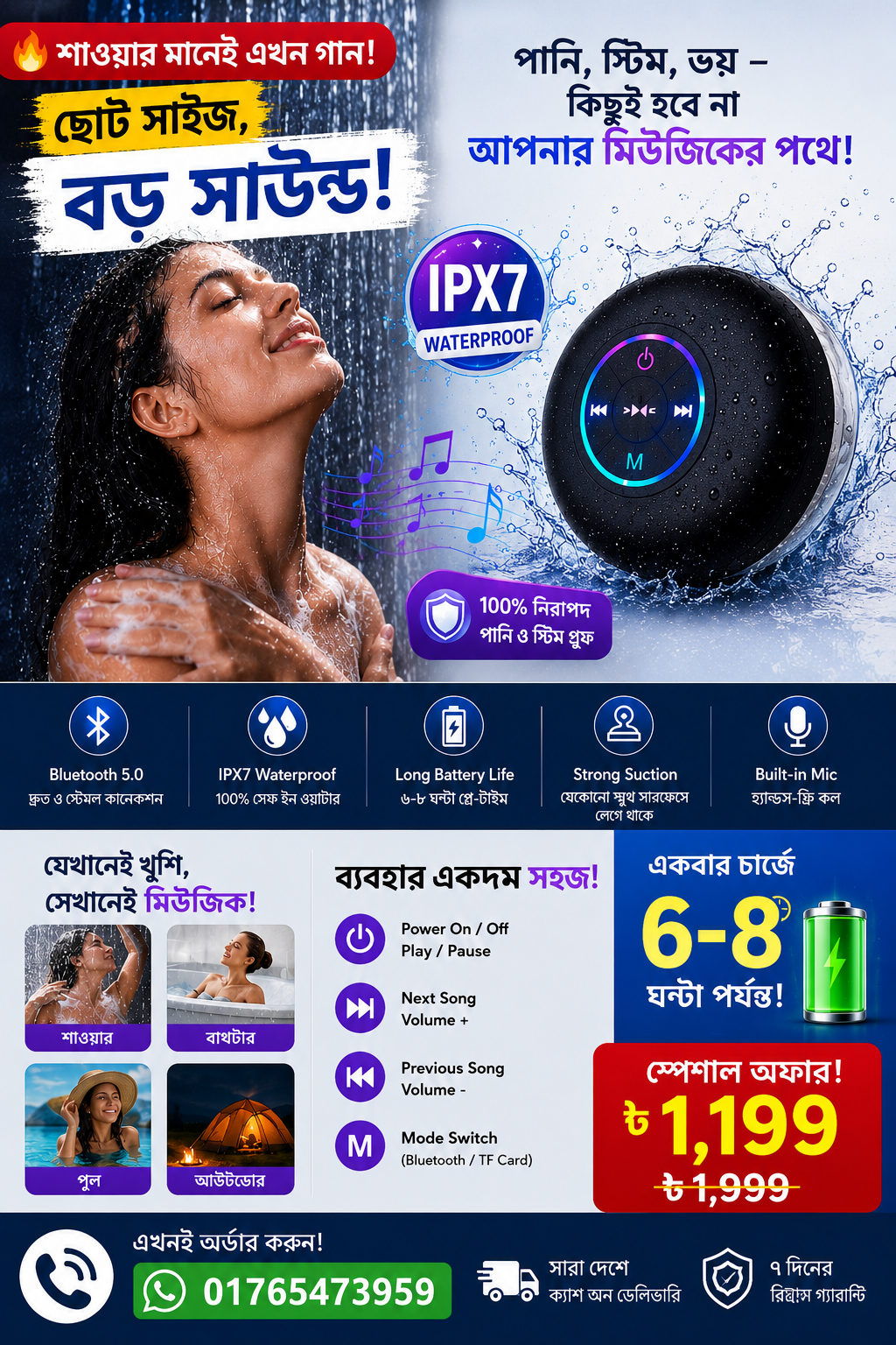 Waterproof Bluetooth Shower Speaker (IPX7) – Wireless Portable Mini Speaker