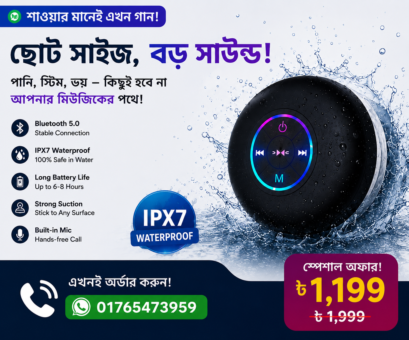 Waterproof Bluetooth Shower Speaker (IPX7) – Wireless Portable Mini Speaker